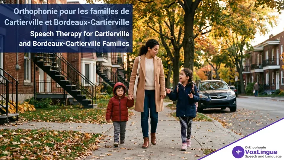 Mother walking two young daughters down an autumn sidewalk of brick homes, the older girl talking up to her