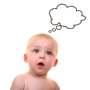Baby with a questioning look and an empty thought bubble above his head