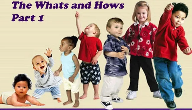 Row of children from crawling baby to school-age child, showing growth stages, titled The Whats and Hows Part 1