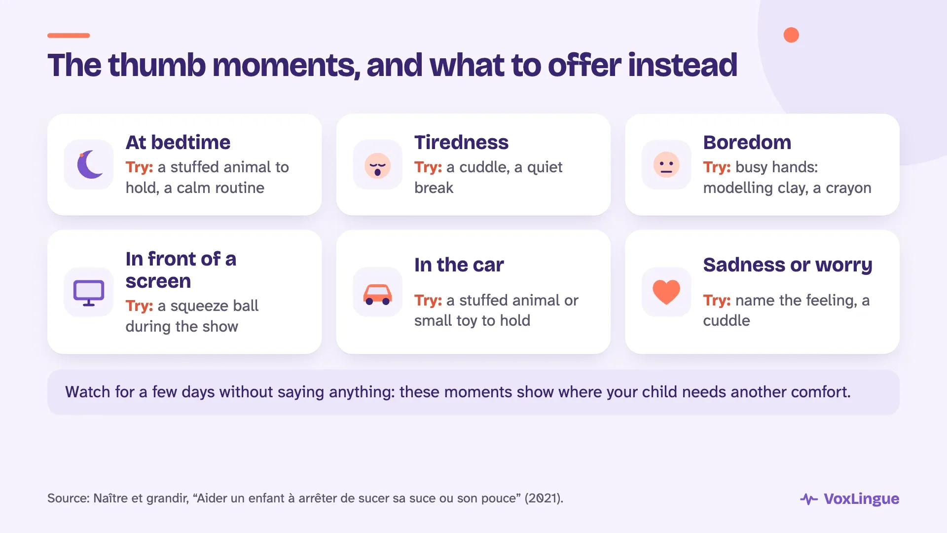 Six moments when children suck their thumb, at bedtime, when tired, bored, in front of a screen, in the car or when sad, with a comfort to offer for each