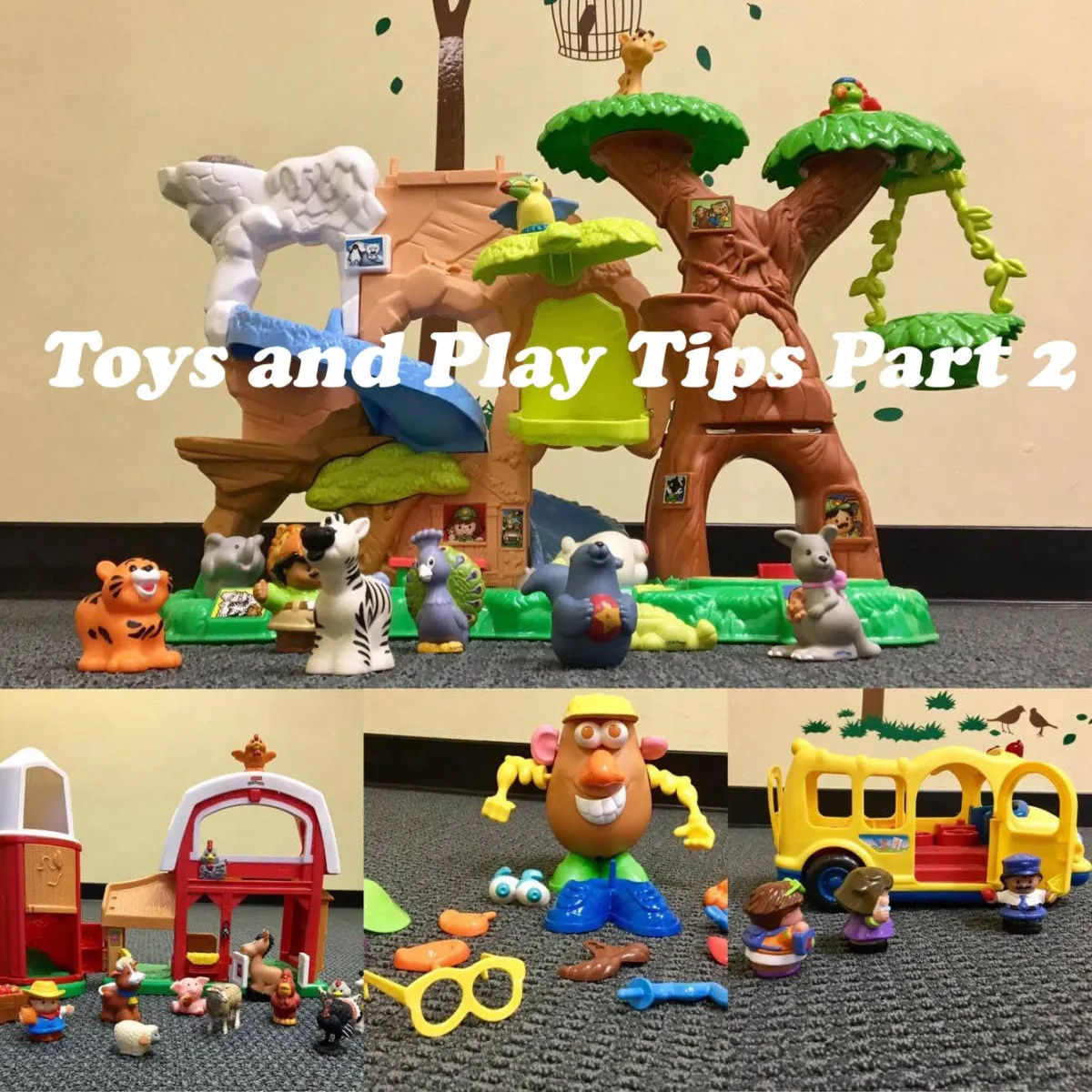 Collage of preschool toys: a jungle treehouse with animal figures, a farm barn, a potato-head toy and a school bus, Part 2