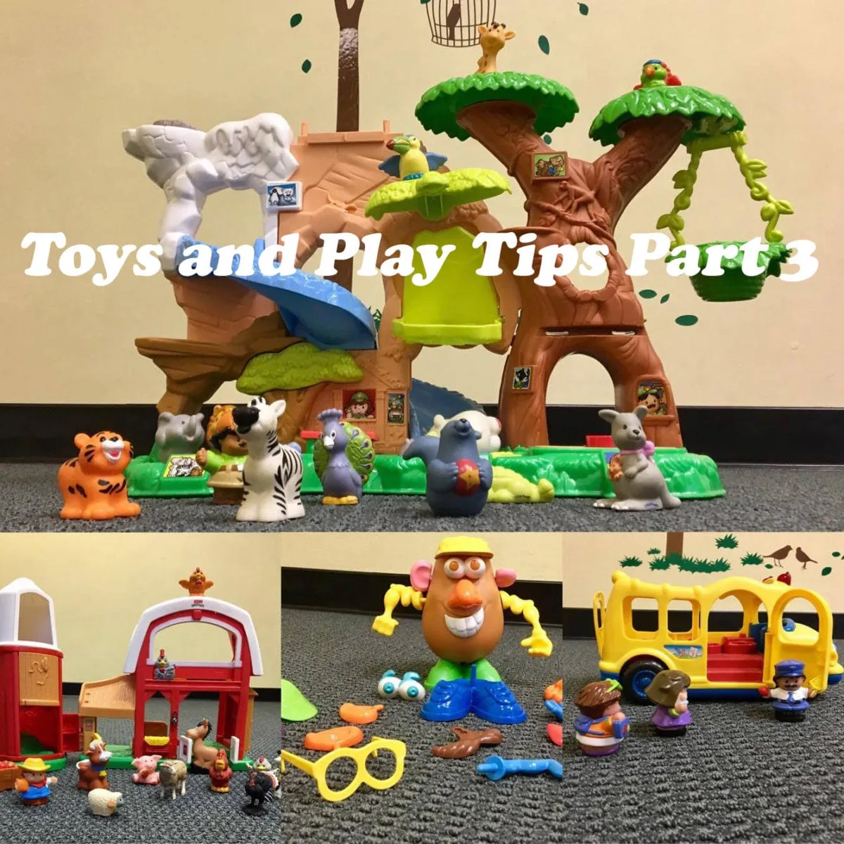 Collage of preschool toys: a jungle treehouse with animal figures, a farm barn, a potato-head toy and a school bus, Part 3