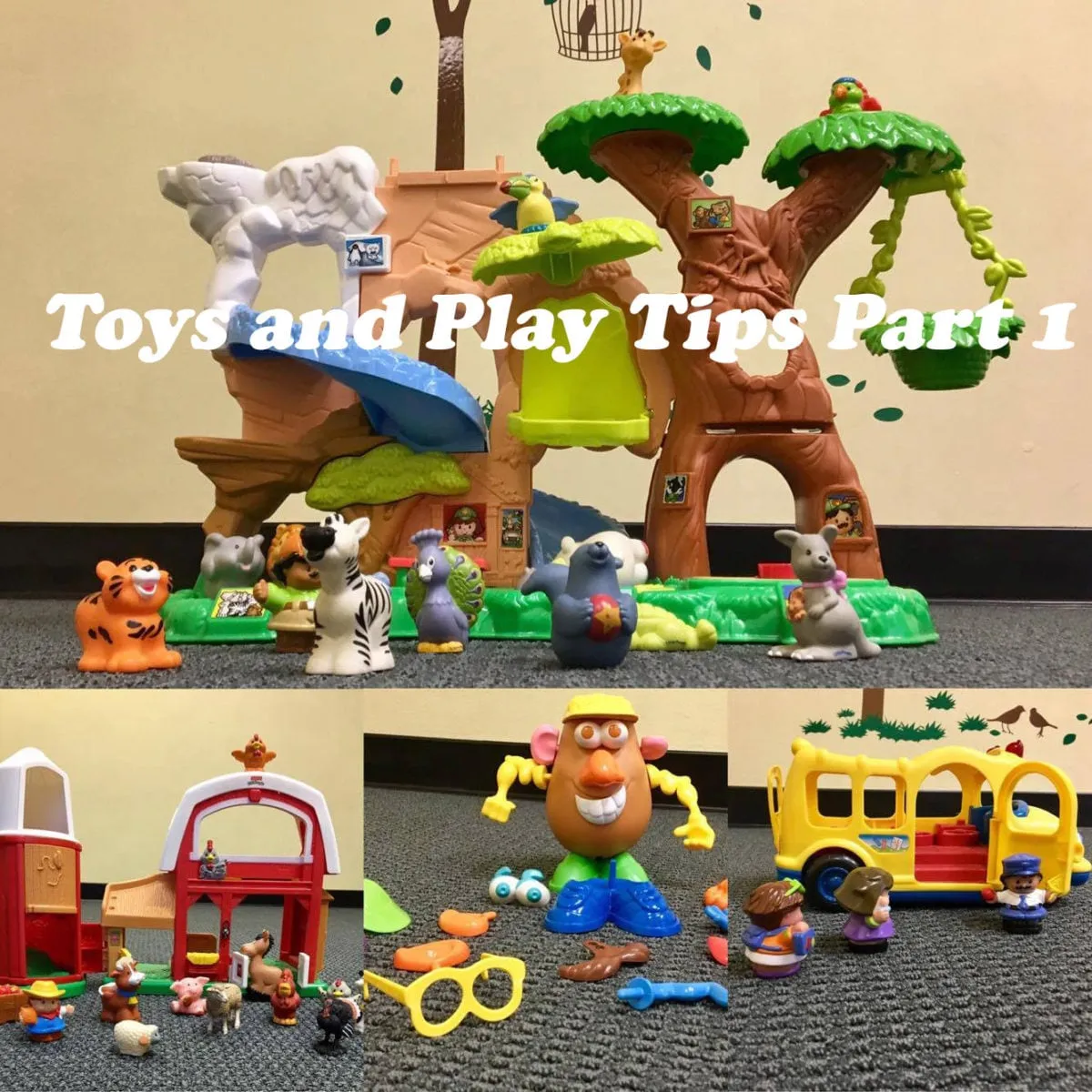 Collage of preschool toys: a jungle treehouse with animal figures, a farm barn, a potato-head toy and a school bus, Part 1