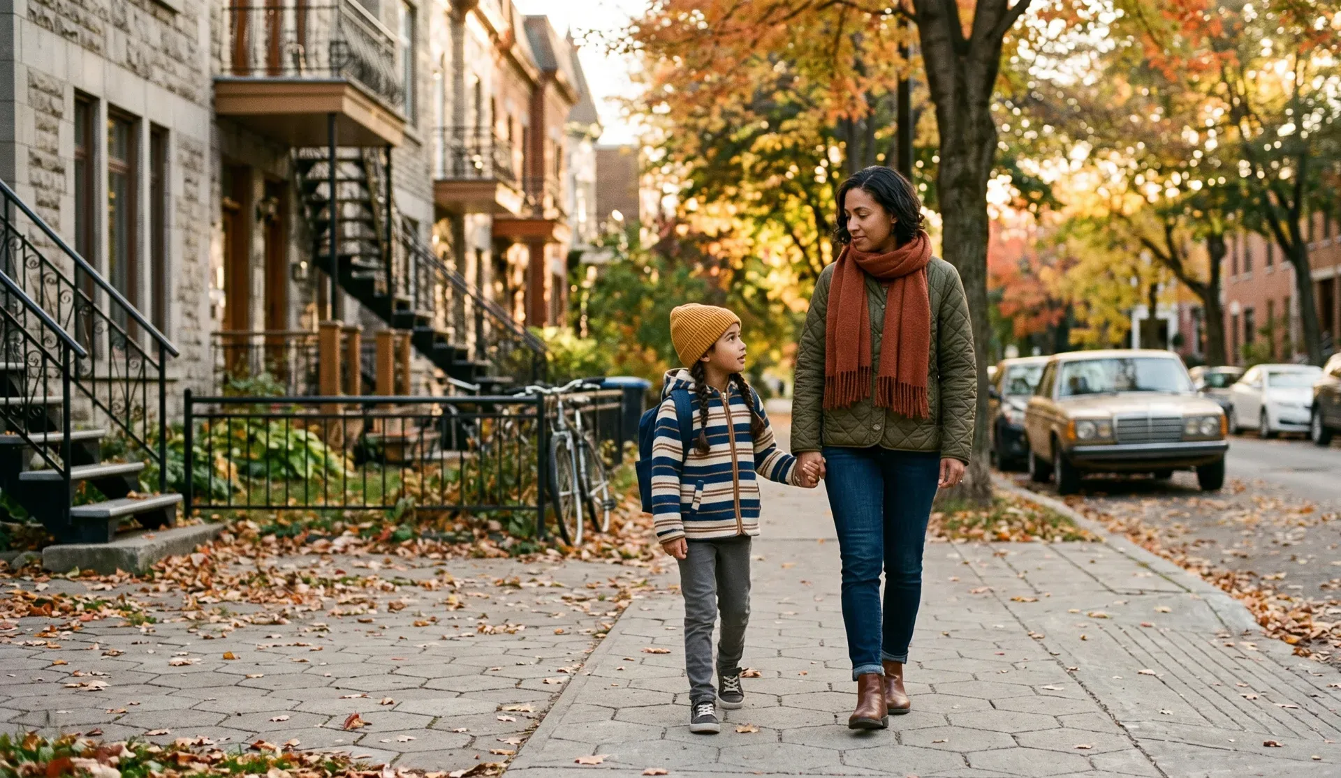 A parent and a school-age child walking along a tree-lined Montréal street in autumn