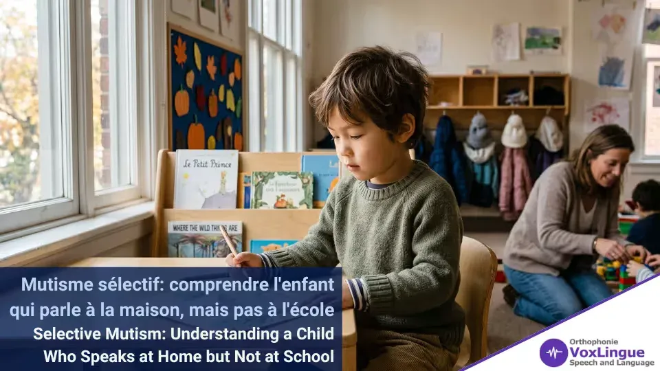 Quiet boy drawing alone at a classroom table while a teacher plays with another child in the background