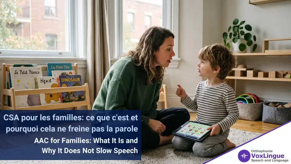 Mother and young son talking on a playroom floor, the boy holding a tablet showing a picture-symbol communication app