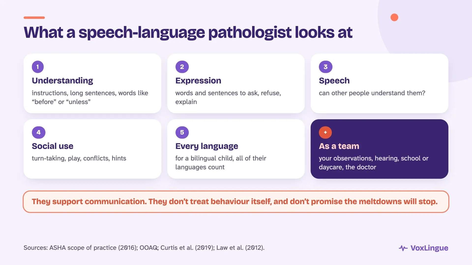 What a speech-language pathologist looks at: understanding, expression, speech, social use and every language, as a team with parents, school and the doctor