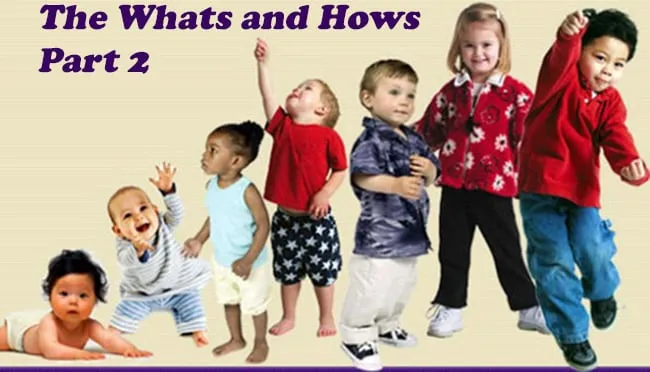 Row of children from crawling baby to school-age child, showing growth stages, titled The Whats and Hows Part 2